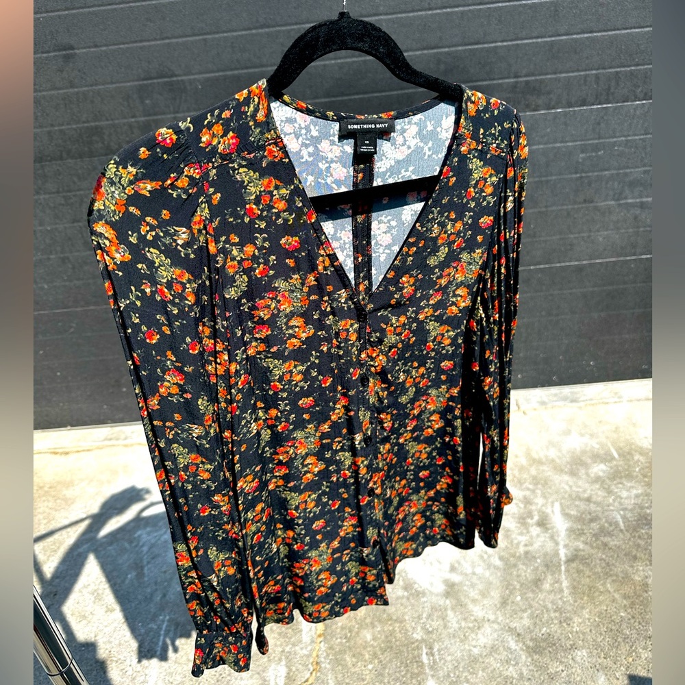 Something Navy Flower Long Sleeve Blouse